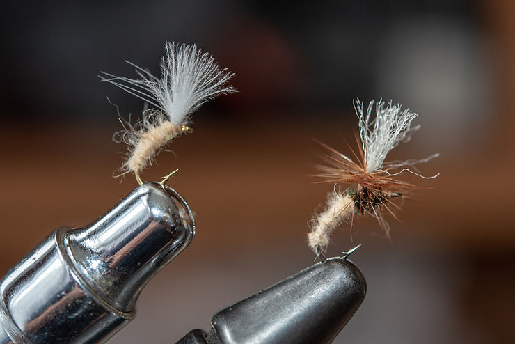 Mole Fly (left) and a Klinkhamer (right) in a fly tying vice