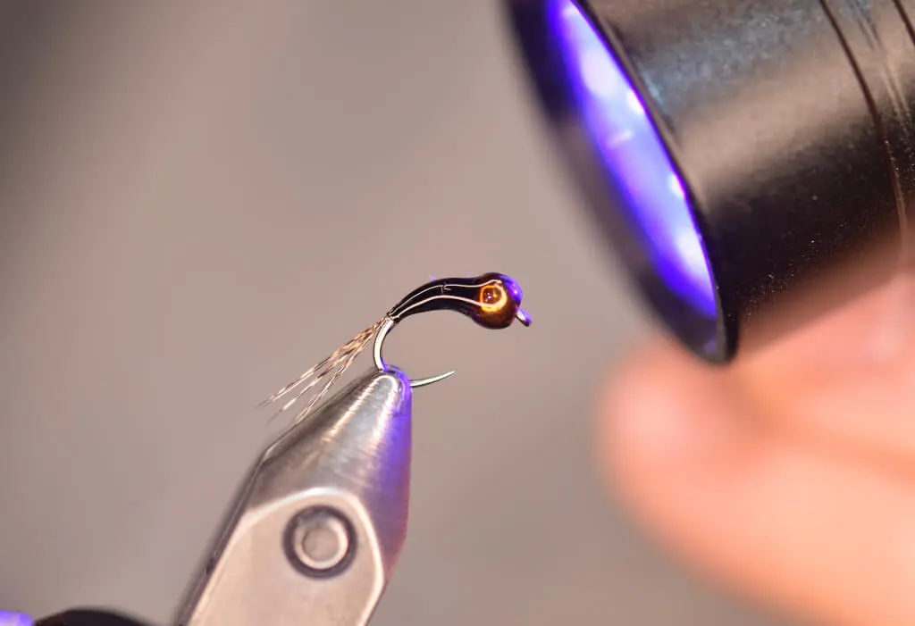 Curing the UV resin on the Black Perdigon fly using a UV light